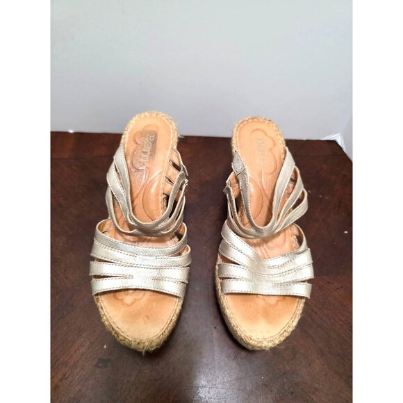 BORN Metallic Gold Leather Strappy Wedge Sandals Jute Espadrille Platform Size 8 - Picture 2 of 10